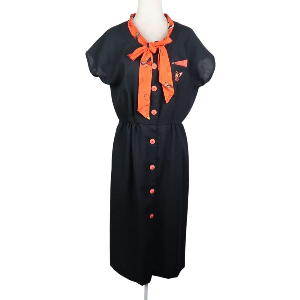 Vintage 70s Peter Barron Black Midi Dress Red Butterfly Print Trim L